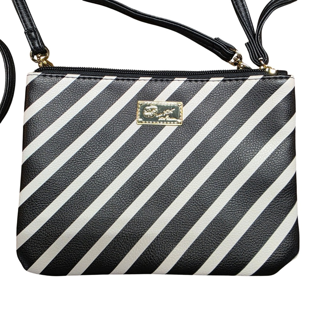 Luv Betsey by Betsey Johnson Striped Crossbody Wristlet Bag Black White Gold - Picture 3 of 8